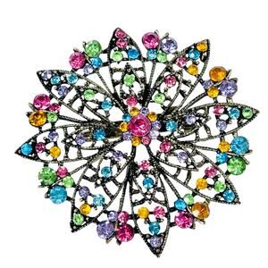 Round Flower Floral Bouquet Sash Brooch Pin Multicolor Rhinestones Bronze Toned